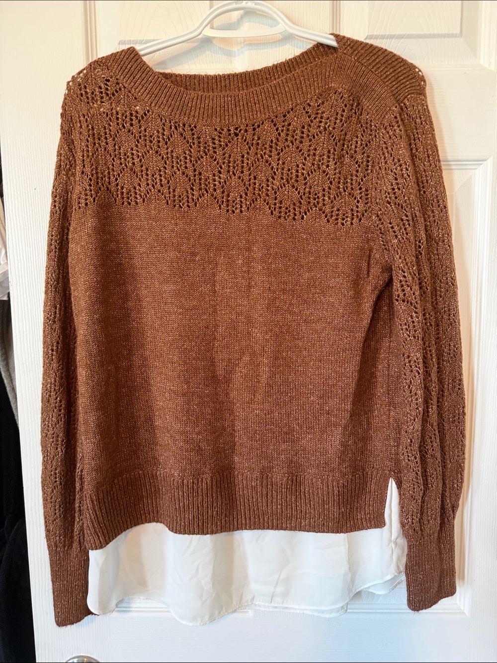 RW&CO. Rust-Brown Scoop Neck Knit Sweater with Faux Hem